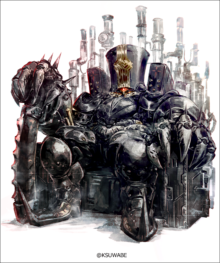 1boy armor boots breastplate charles_babbage_(fate/grand_order) commentary_request facing_viewer fate/grand_order fate_(series) faulds full_armor full_body gauntlets greaves hand_on_hilt helmet kei-suwabe male_focus pauldrons simple_background sitting solo spikes throne twitter_username weapon white_background