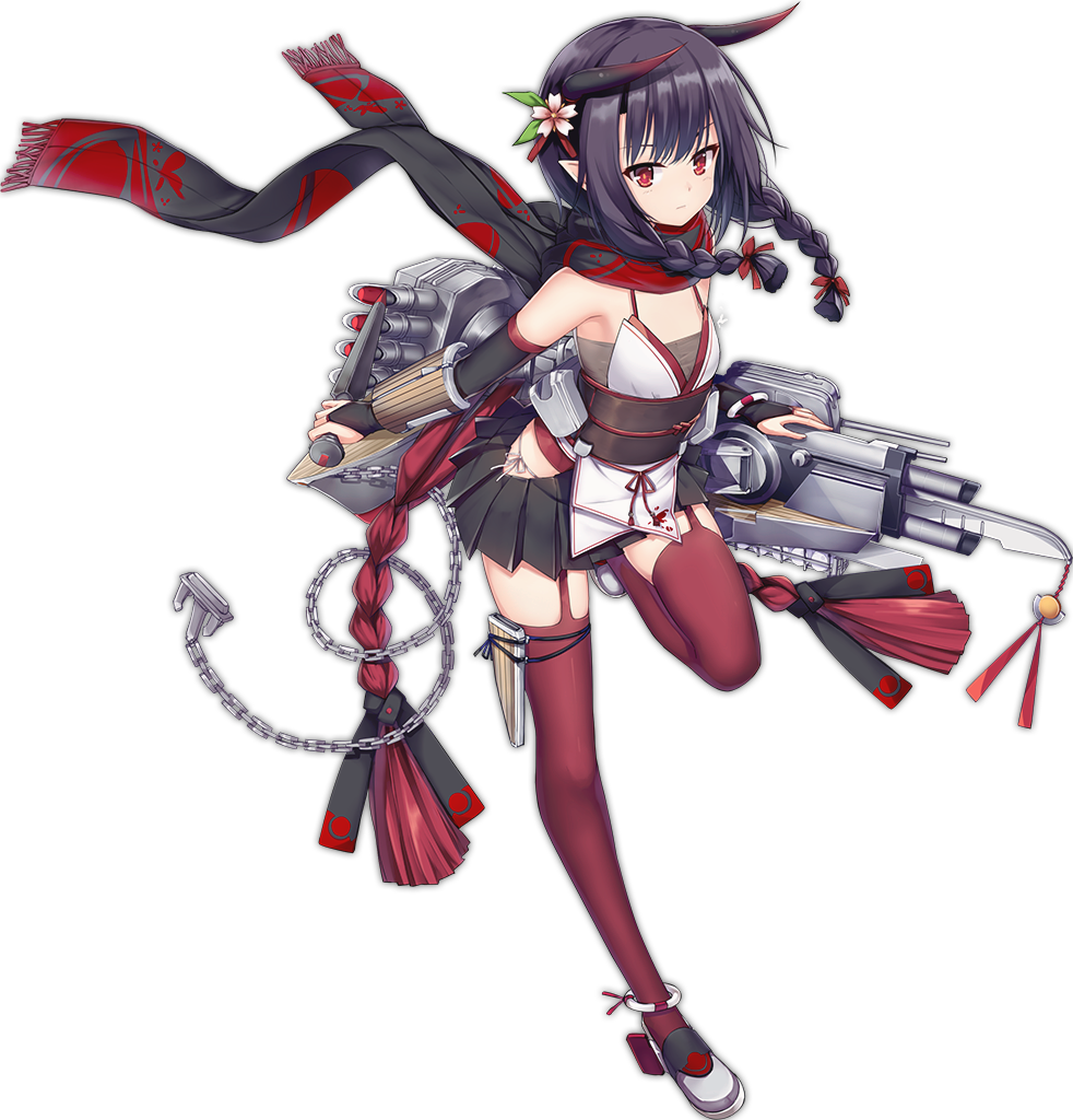 1girl :| aixioo anchor anklet azur_lane bangs bare_shoulders black_hair black_scarf black_skirt braid breasts bridal_gauntlets chains cherry_blossoms closed_mouth eyebrows facing_away flower full_body garter_straps hair_flower hair_ornament hair_ribbon hip_vent holding holding_weapon horns japanese_clothes jewelry kunai kuroshio_(azur_lane) leaf leg_up long_hair machinery miniskirt obi official_art oni_horns panties pleated_skirt pointy_ears red_eyes red_legwear red_ribbon ribbon rudder_shoes sash scarf shoes side-tie_panties simple_background skirt small_breasts solo standing standing_on_one_leg tachi-e thigh-highs thigh_strap torpedo torpedo_tubes transparent_background tsurime turret twin_braids underwear weapon white_footwear white_panties white_ribbon zettai_ryouiki