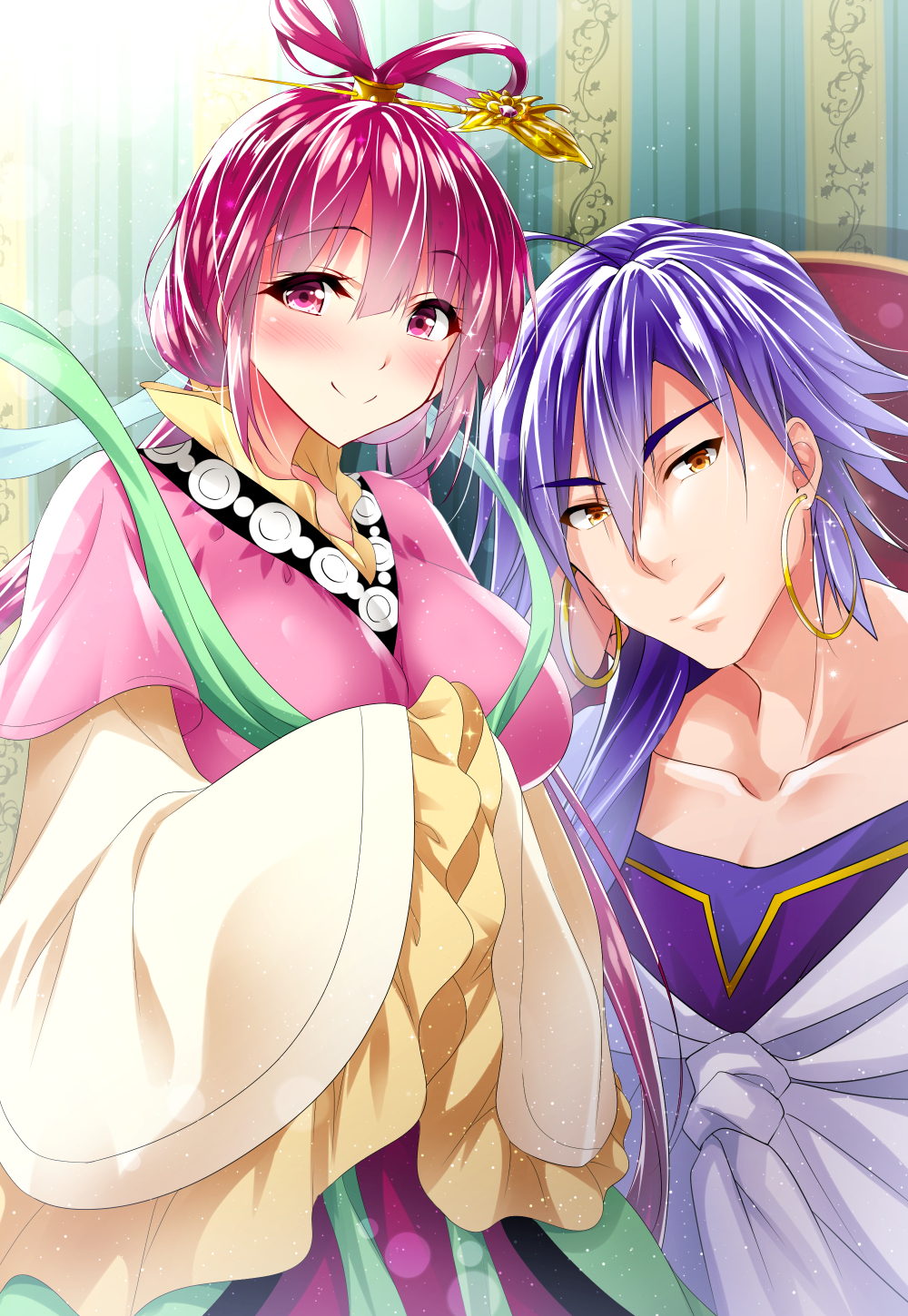 1boy 1girl brown_eyes chinese_clothes collarbone commentary_request hair_between_eyes hair_ornament hair_rings hair_stick highres jewelry long_hair magi_the_labyrinth_of_magic purple_hair red_eyes redhead ren_kougyoku sasakuma_kyouta sinbad_(magi) smile wide_sleeves