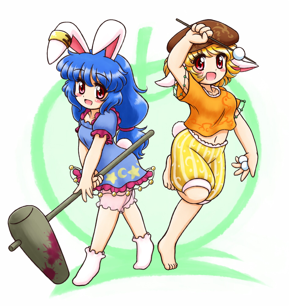 2girls :d ambiguous_red_liquid animal_ears apple bangs barefoot beret blonde_hair blue_dress blue_hair blush_stickers bobby_socks breasts brown_hat bunny_tail collarbone commentary_request crescent dango dress ear_clip ear_piercing eyebrows_visible_through_hair floppy_ears food frilled_dress frills fruit full_body hat holding holding_food kine long_hair looking_at_viewer low-tied_long_hair medium_breasts midriff multiple_girls navel nitamago open_mouth orange_shirt piercing puffy_short_sleeves puffy_sleeves rabbit_ears red_ribbon ribbon ringo_(touhou) seiran_(touhou) shirt short_hair short_sleeves shorts skewer small_breasts smile socks stain standing standing_on_one_leg star star_print tail touhou two-tone_background wagashi white_legwear yellow_shorts
