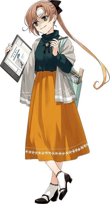 1girl akigumo_(kantai_collection) alternate_costume bag bags_under_eyes book brown_hair cooling_pad fujikawa full_body hair_ribbon kantai_collection long_skirt official_art ribbon shaded_face side_ponytail simple_background skirt stylus tablet_pc thinking transparent_background white_background yellow_eyes