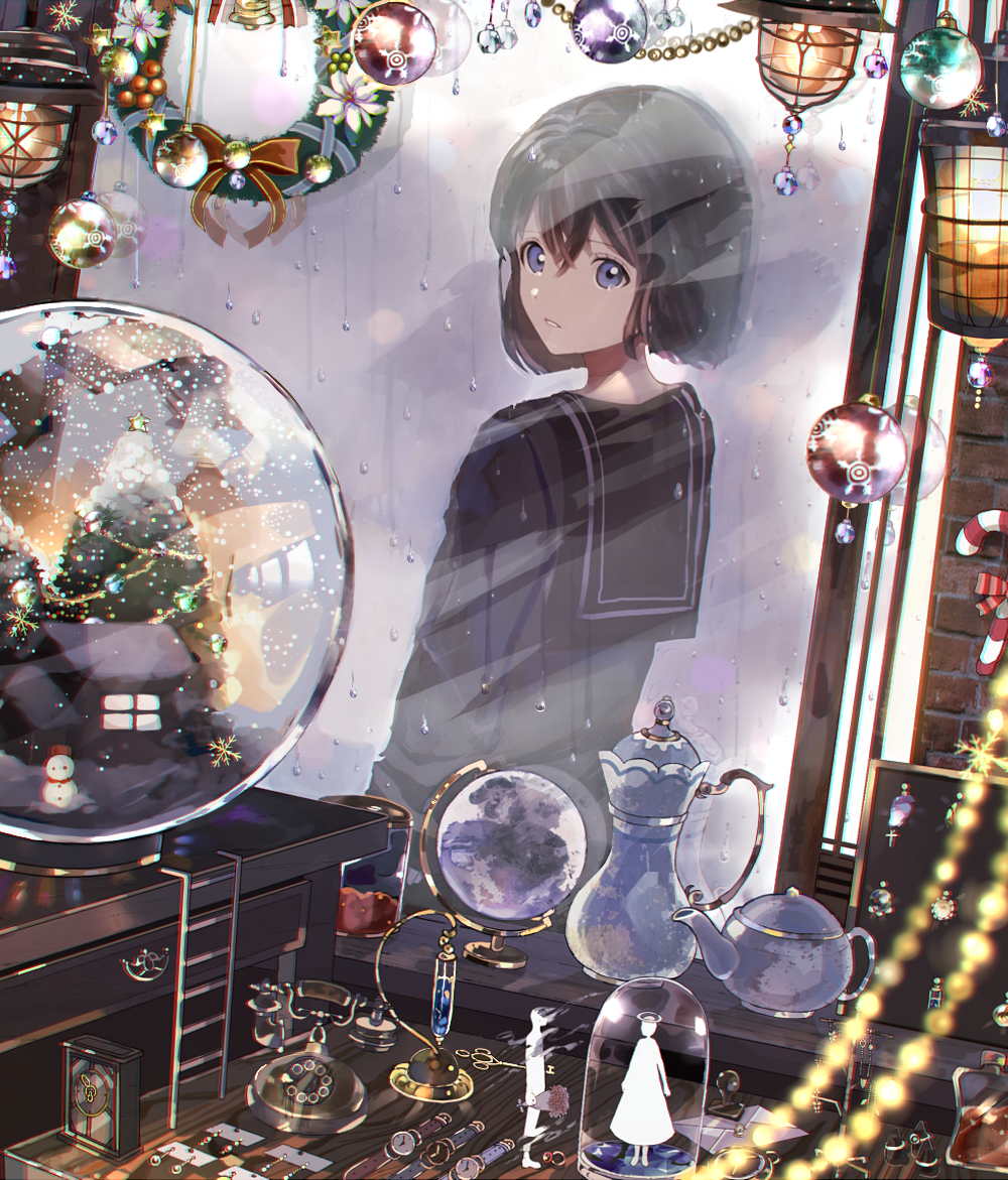 1girl bangs bauble black_hair black_serafuku black_shirt blurry bottle bow brick_wall christmas christmas_tree clock depth_of_field dutch_angle edelweiss_(flower) figure gem globe hair_between_eyes hisao_0111 house jar ladder lantern long_sleeves looking_at_viewer miniature original parted_lips pearl perfume_bottle rain red_bow school_uniform serafuku shirt short_hair snow_globe snowman solo tareme teapot telephone_pole through_window upper_body watch watch water water_drop white_flower wreath