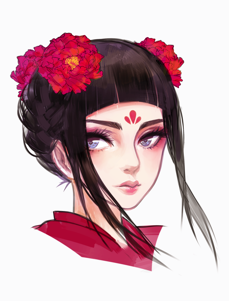 1girl bangs black_hair blue_eyes braid closed_mouth eyelashes facial_mark flower forehead_mark fuwaffy grey_background hair_flower hair_ornament lips looking_at_viewer mu_dan original peony_(flower) portrait red_flower simple_background solo tattoo