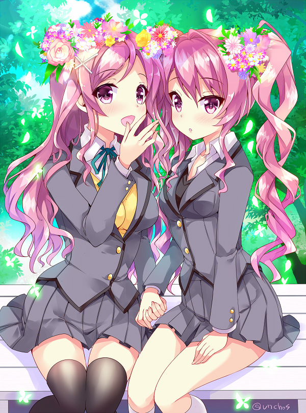2girls :d :o bangs bench black_legwear blazer blush butterfly character_request collared_shirt commentary_request day eyebrows_visible_through_hair flower grey_blazer grey_skirt hair_between_eyes hair_flower hair_ornament hand_holding hinata_momo jacket kneehighs long_sleeves multiple_girls open_mouth outdoors parted_lips pink_hair pleated_skirt school_uniform shirt sidelocks sitting skirt smile sound_voltex sweater_vest thigh-highs tree twintails twitter_username violet_eyes white_legwear white_shirt