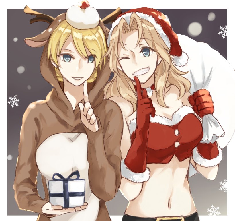 2girls ;d alternate_costume animal_costume blonde_hair blue_eyes box braid breasts cleavage cowboy_shot darjeeling elbow_gloves finger_to_mouth french_braid fur-trimmed_gloves fur_trim gift gift_box girls_und_panzer gloves kay_(girls_und_panzer) long_hair medium_breasts midriff multiple_girls navel one_eye_closed open_mouth reindeer_costume sack santa_costume shushing smile snowflakes white_border yuuyu_(777)