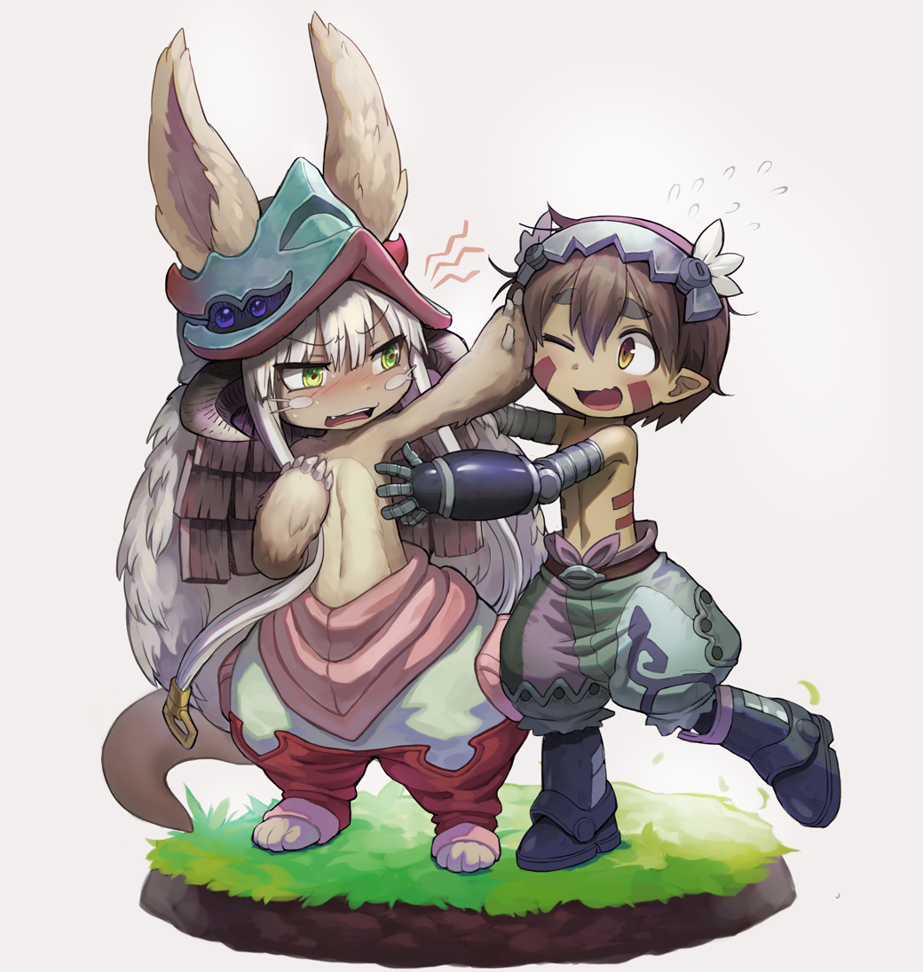 1boy 1girl ;d animal_ears blush brown_eyes brown_hair ears_through_headwear eyebrows_visible_through_hair facial_mark flying_sweatdrops full_body furry grass green_eyes hair_between_eyes hand_on_another's_head helmet horned_helmet looking_at_another made_in_abyss nanachi_(made_in_abyss) nose_blush one_eye_closed open_mouth outstretched_arms pants pointy_ears potato_(sksnabi) puffy_pants regu_(made_in_abyss) short_hair smile standing standing_on_one_leg tail thick_eyebrows topless white_hair