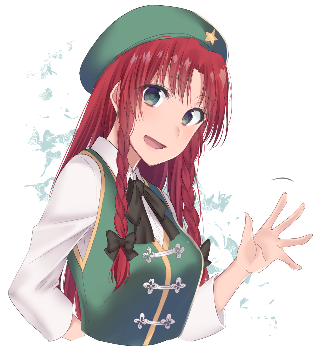 1girl asa_(coco) beret black_bow black_neckwear black_ribbon bow braid breasts chinese_clothes commentary_request green_eyes green_hat green_vest hair_bow hat hong_meiling long_hair long_sleeves looking_at_viewer medium_breasts neck_ribbon open_mouth redhead ribbon shirt smile star touhou twin_braids vest white_shirt