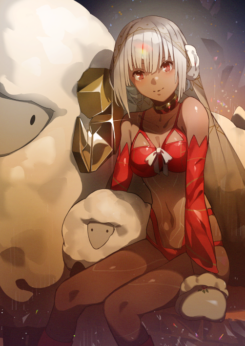 1girl altera_(fate) altera_the_santa bangs bare_shoulders blush breasts closed_mouth dark_skin detached_sleeves earmuffs fate/grand_order fate_(series) long_hair looking_at_viewer medium_breasts mittens navel rano red_choker red_eyes revealing_clothes sheep shiny shiny_skin short_hair sitting skindentation smile solo underwear veil white_hair