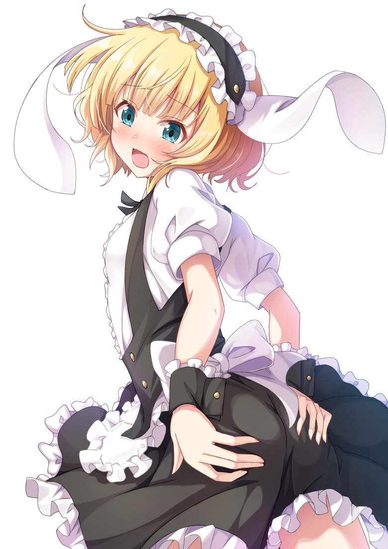 1girl animal_ears apron bangs black_skirt blonde_hair blue_eyes blush center_frills commentary_request covering covering_ass cowboy_shot eyebrows_visible_through_hair fake_animal_ears fleur_de_lapin_uniform frilled_apron frilled_cuffs frilled_hairband frilled_skirt frills from_behind gochuumon_wa_usagi_desu_ka? kirima_sharo matokechi open_mouth puffy_sleeves rabbit_ears shirt simple_background skirt solo underbust uniform waist_apron waitress white_apron white_background white_shirt wrist_cuffs