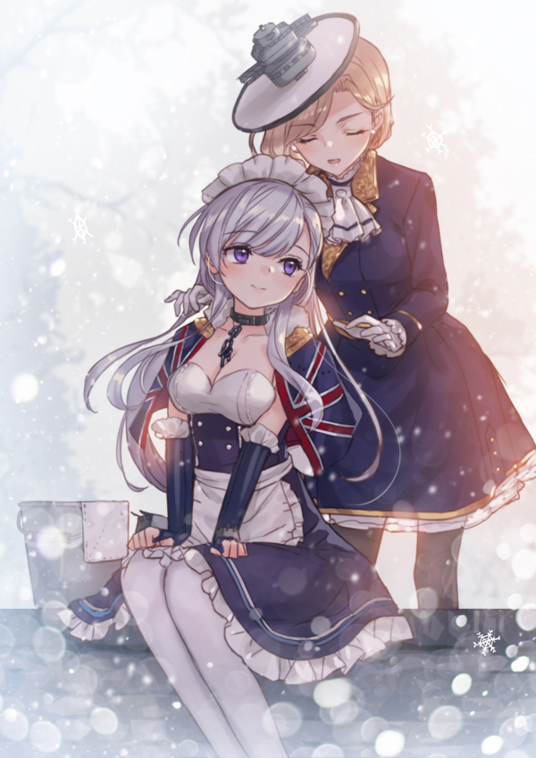 2girls :d azur_lane bangs belfast_(azur_lane) between_breasts black_dress black_gloves black_legwear blonde_hair blue_coat breasts bucket capelet chains cleavage closed_eyes closed_mouth coat collarbone commentary_request dress earrings elbow_gloves eyebrows_visible_through_hair fingernails flag_print frilled_dress frilled_gloves frills fur-trimmed_capelet gloves hat hood_(azur_lane) jewelry maid maid_headdress medium_breasts multiple_girls off-shoulder_dress off_shoulder open_mouth pantyhose print_capelet silver_hair smile snowflakes snowing standing tsukigami_runa union_jack violet_eyes white_gloves white_hat white_legwear winter_clothes winter_coat