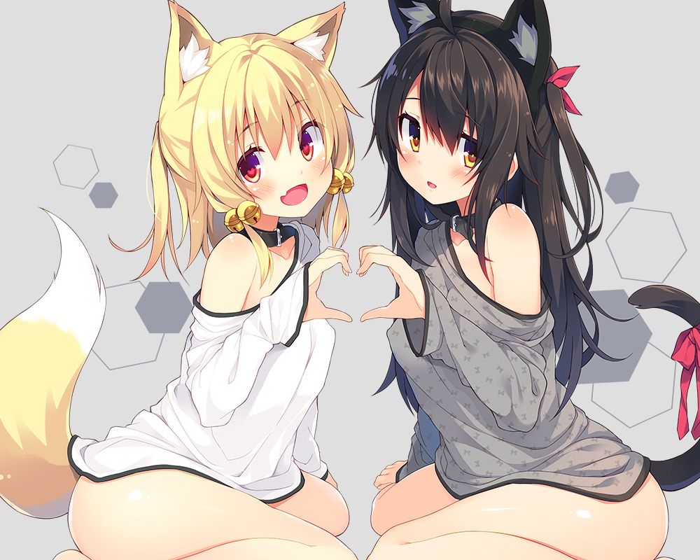 2girls animal_ears arm_support ass bangs barefoot bell black_collar black_hair blonde_hair blush breasts cat_ears cat_tail chiri_(atlanta) closed_eyes commentary_request erect_nipples fang fox_ears fox_tail grey_background hair_ornament hair_ribbon heart heart-shaped_pupils heart_hands jingle_bell long_hair long_sleeves looking_at_viewer multiple_girls naked_shirt off_shoulder open_mouth original red_ribbon ribbon shirt simple_background sitting small_breasts smile symbol-shaped_pupils tail tail_ribbon wariza