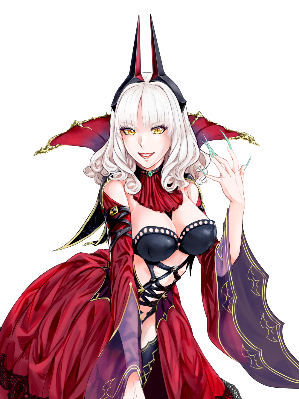 1girl aqua_nails bangs bare_shoulders breasts carmilla_(fate/grand_order) curly_hair detached_sleeves fate/grand_order fate_(series) fingernails headgear high_collar highres large_breasts long_fingernails long_hair looking_at_viewer nail_polish parted_bangs parted_lips red_lips revealing_clothes simple_background smile solo white_background white_hair wide_sleeves yellow_eyes zassounabe