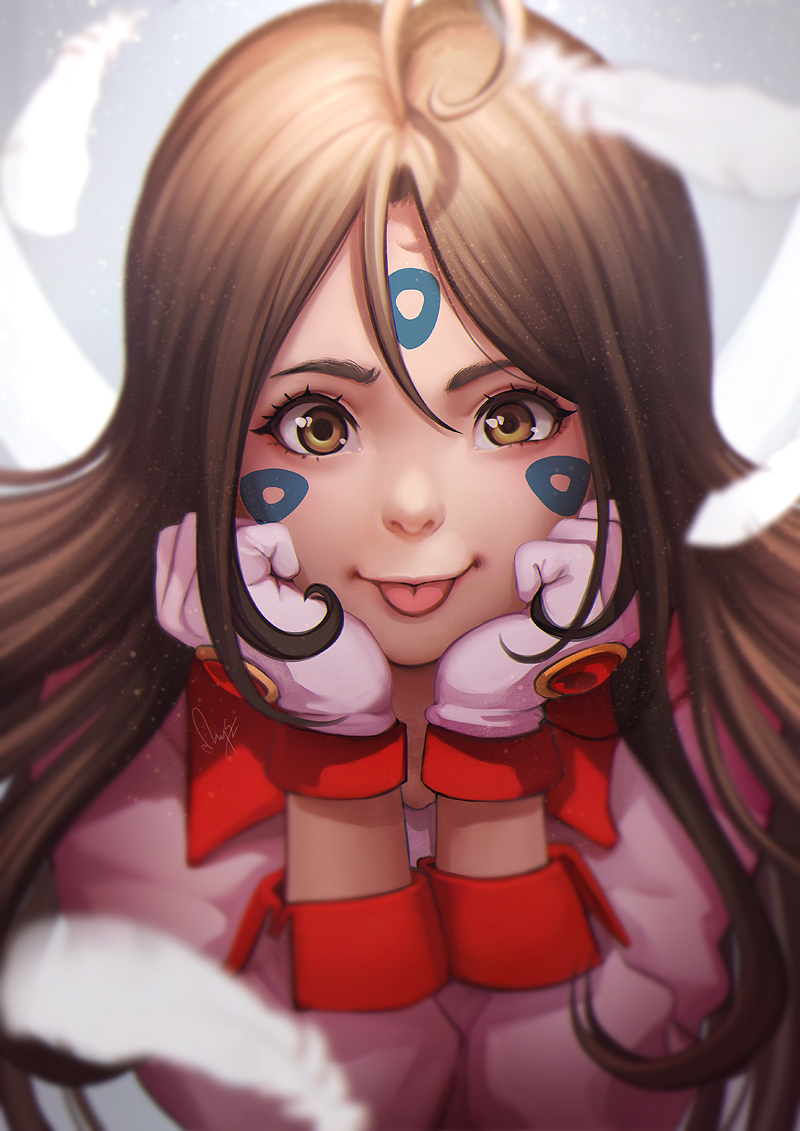 1girl :p aa_megami-sama ahoge blurry brown_eyes brown_hair close-up depth_of_field face facial_mark feathers gloves long_hair looking_at_viewer magion02 nose portrait signature skuld solo tongue tongue_out white_gloves