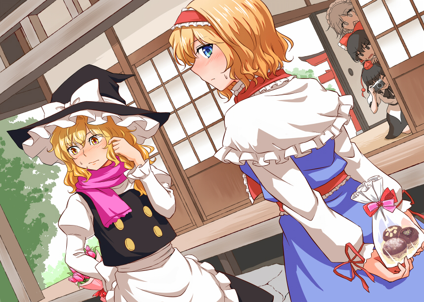 5girls alice_margatroid apron architecture behind_cover black_hair blonde_hair blue_eyes blush bouquet bow braid camera capelet cookie dress dutch_angle east_asian_architecture flower food grey_hair hair_bow hair_ribbon hakurei_reimu hat izayoi_sakuya kirisame_marisa long_hair looking_away maid_headdress multiple_girls nip_to_chip peeking ribbon scarf shameimaru_aya short_hair shouji skirt sliding_doors sweatdrop tokin_hat touhou witch_hat yellow_eyes yuri