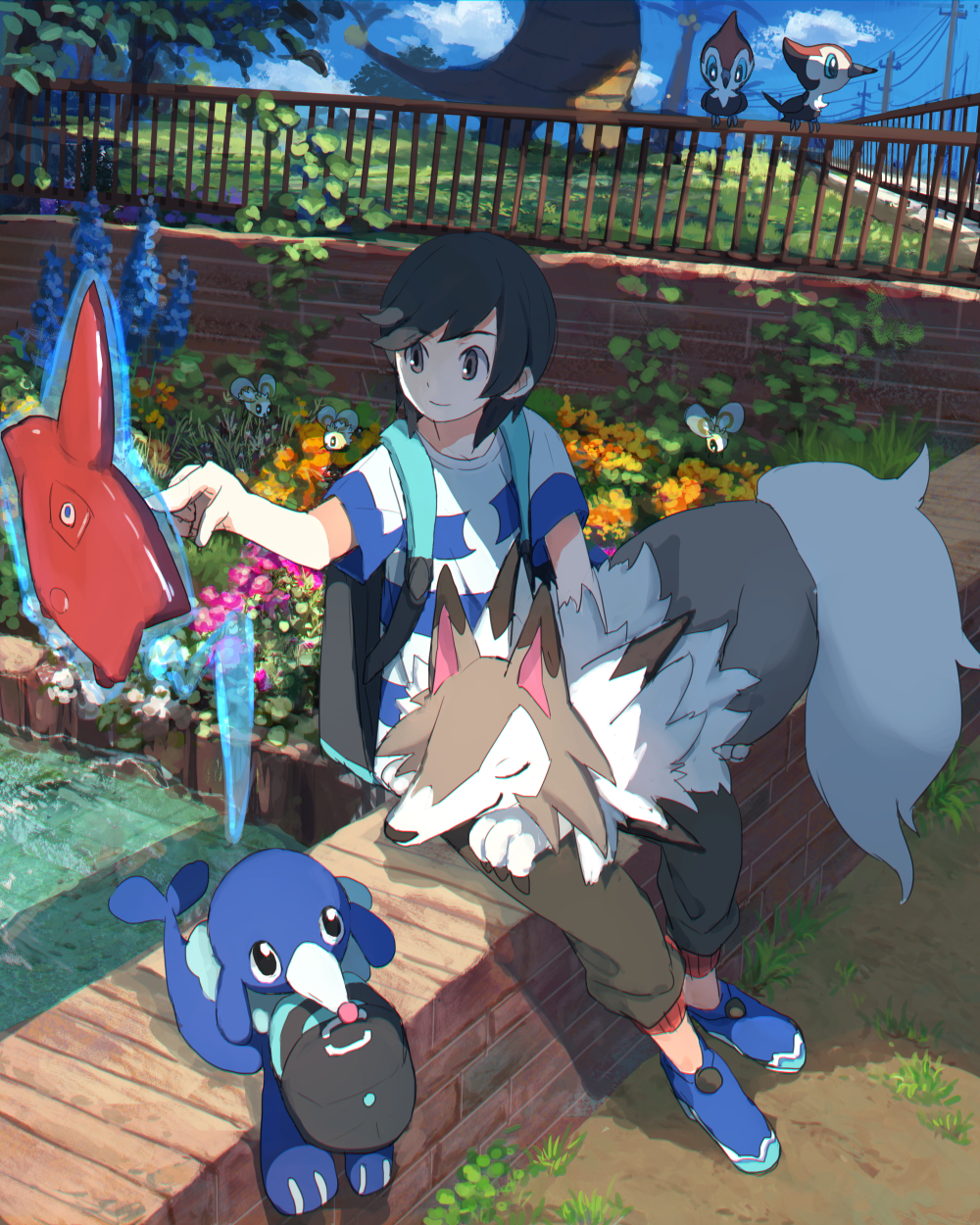 1boy alola_form alolan_exeggutor backpack bag baseball_cap black_hair blue_footwear blue_sky closed_mouth cutiefly fence grass grey_eyes hand_up hat hat_removed headwear_removed highres lycanroc outdoors pants pikipek pippi_(pixiv_1922055) pokemon pokemon_(creature) pokemon_(game) pokemon_sm popplio power_lines rotom_dex shirt shoes short_sleeves sitting sky smile you_(pokemon_sm)