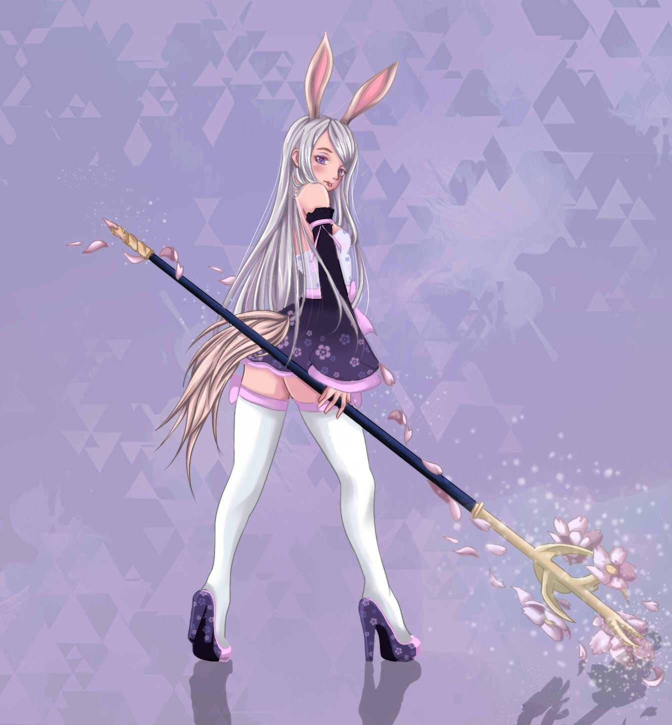 1girl :p animal_ears bare_shoulders blue_eyes blush detached_sleeves dog_tail dress elin_(tera) flower from_behind high_heels highres long_hair looking_back rabbit_ears shoes short_dress silver_hair solo staff strapless strapless_dress tail tera_online thigh-highs tongue tongue_out weapon white_legwear xiel zettai_ryouiki