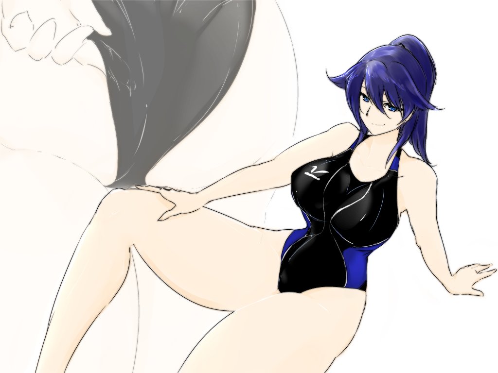 1girl adjusting_clothes adjusting_swimsuit ass blue_eyes blue_hair breasts competition_swimsuit full_body highleg highleg_swimsuit houshou_(kantai_collection) kantai_collection karakure_(kamo-nanban) large_breasts long_hair looking_at_viewer one-piece_swimsuit ponytail smile solo swimsuit