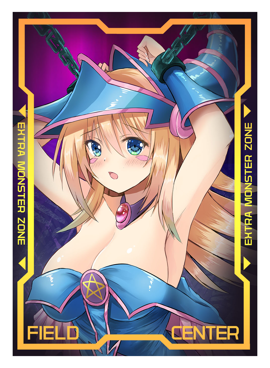 1girl armpits arms_up bare_shoulders blonde_hair blue_eyes blue_leotard blush_stickers breasts chains choker cleavage dark_magician_girl duel_monster hat highres large_breasts leotard open_mouth pentacle solo suzuta_yume wizard_hat yu-gi-oh! yuu-gi-ou_duel_monsters