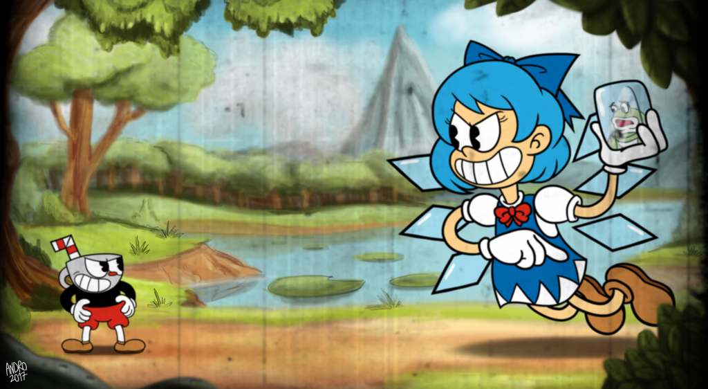 1boy 1girl 30s andro_juniarto angry black_eyes blue_hair blue_ribbon brown_shoes cirno crossover cup cuphead cuphead_(game) deviantart dress frog frozen gloves grin holding_ice ice ice_wings neck_ribbon short_hair touhou wings