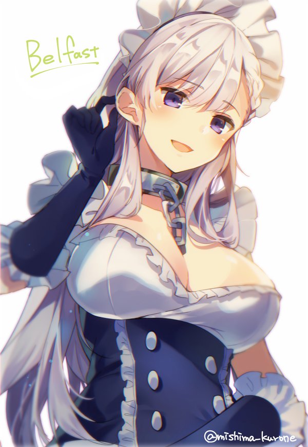 1girl adjusting_hair azur_lane bangs belfast_(azur_lane) black_gloves blush braid breasts buttons chains character_name cleavage collar commentary_request dress eyebrows_visible_through_hair french_braid frilled_dress frills from_below gloves large_breasts long_hair looking_at_viewer maid maid_headdress mishima_kurone silver_hair smile solo twitter_username upper_body violet_eyes