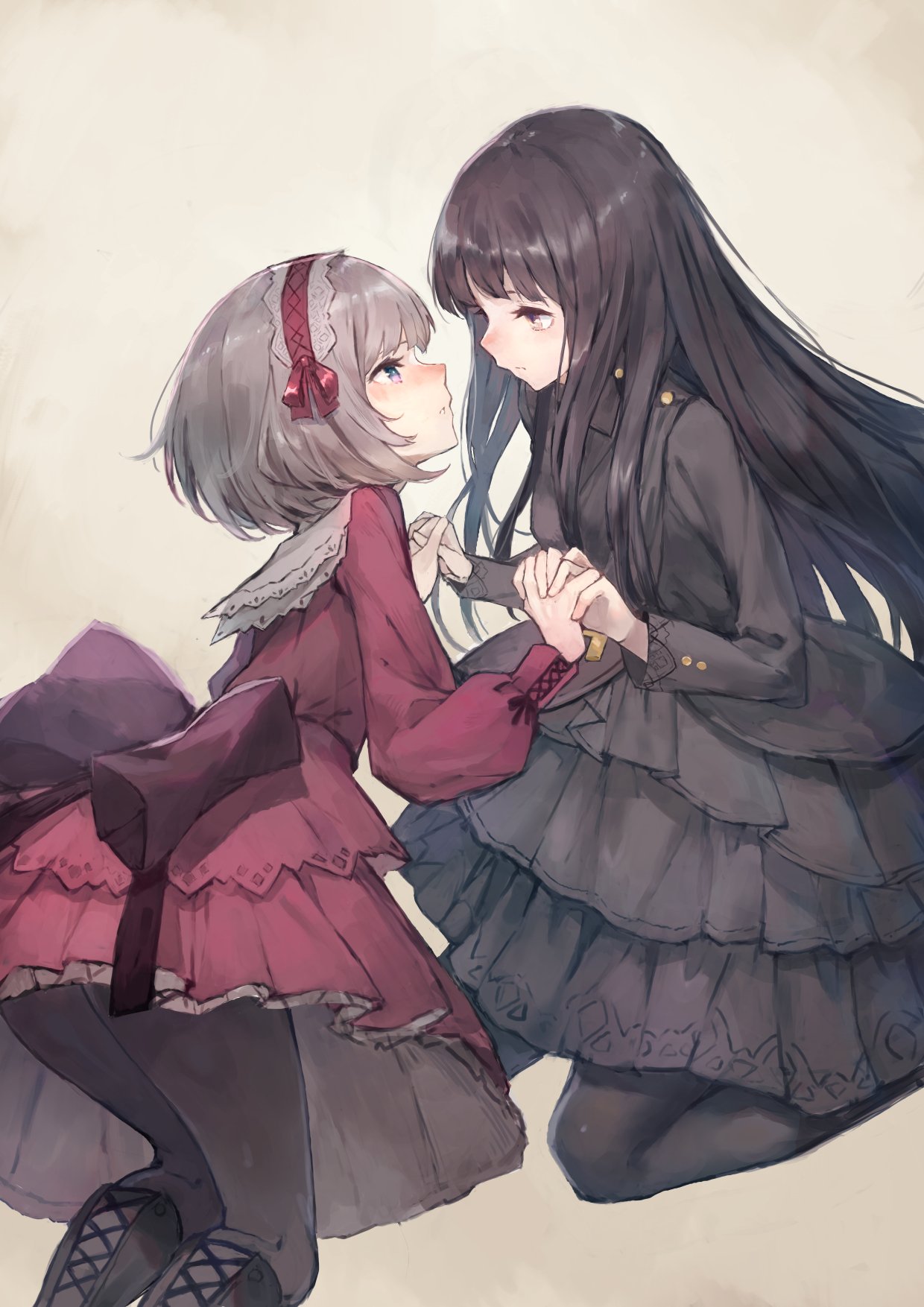 2girls black_dress black_footwear black_hair black_legwear blush boots commentary_request copyright_request dress eye_contact grey_background hairband hand_holding highres interlocked_fingers kobutakurassyu lolita_fashion lolita_hairband long_sleeves looking_at_another multiple_girls pantyhose parted_lips red_dress short_hair silver_hair violet_eyes yellow_eyes