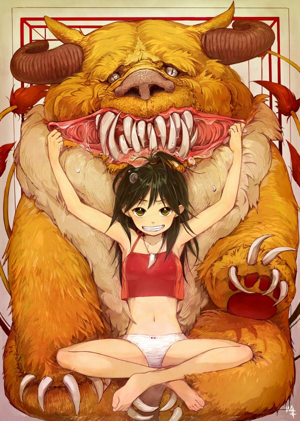 1girl arms_up bare_arms bare_legs bare_shoulders barefoot blush commentary_request copyright_request crop_top green_hair grin indian_style kawai_makoto looking_at_viewer midriff monster navel on_lap panties saliva sharp_teeth signature sitting smile teeth underwear white_panties yellow_eyes