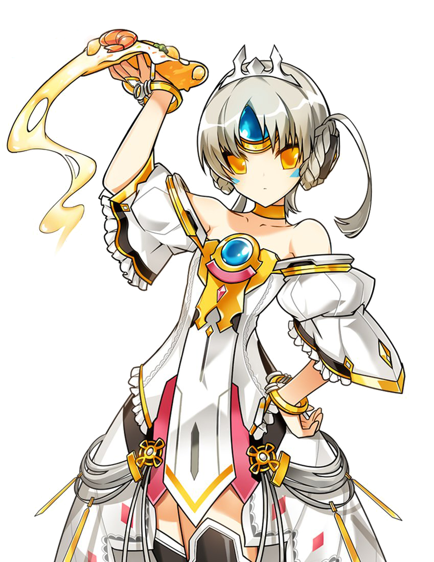 1girl bare_shoulders bracelet braid choker closed_mouth code:_empress_(elsword) cowboy_shot dress elsword eve_(elsword) expressionless food forehead_jewel hand_on_hip holding holding_food jewelry looking_at_viewer official_art pizza ress short_hair solo thigh-highs white_hair yellow_eyes yellow_neckwear zettai_ryouiki