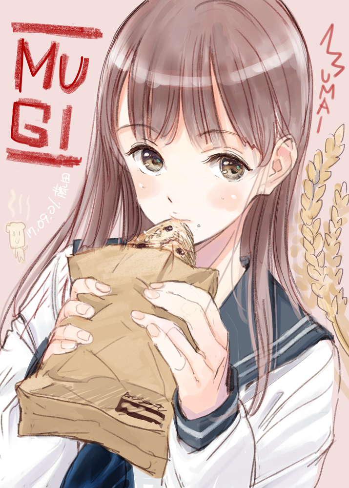 1girl bag blouse blue_sailor_collar brown_bag brown_eyes brown_hair commentary_request dated eyebrows_visible_through_hair fingernails fish fujita_hidetoshi holding_bag long_hair long_sleeves looking_at_viewer original paper_bag pink_background simple_background sketch solo upper_body wheat white_blouse