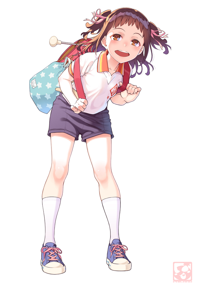 1girl backpack bag black_shorts blue_footwear blush brown_eyes brown_hair collared_shirt commentary_request full_body hair_ribbon kneehighs leaning_forward looking_at_viewer open_mouth original pairan pink_ribbon pulling randoseru red_backpack ribbon round_teeth shirt shoes short_sleeves short_twintails shorts simple_background sneakers solo standing teeth twintails white_background white_legwear white_shirt wing_collar