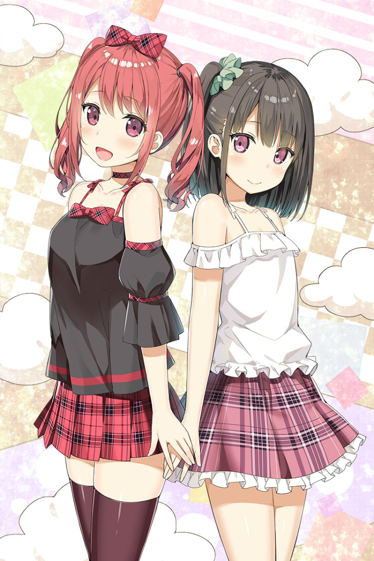 2girls :d bangs black_hair black_legwear borrowed_character bow bowtie choker collarbone commentary_request detached_sleeves frilled_shirt frilled_skirt frills green_scrunchie hair_bow hand_on_another's_hand kurumi_(kantoku) light_blush looking_at_viewer multiple_girls one_side_up open_mouth original plaid plaid_bow plaid_choker plaid_neckwear plaid_skirt purple_skirt red_choker red_skirt redhead scrunchie shirt shizuku_(kantoku) skirt sky_(freedom) smile thigh-highs twintails violet_eyes