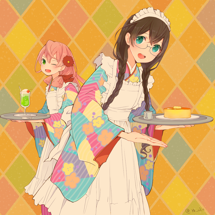 2girls :d ;d akashi_(kantai_collection) alternate_costume alternate_hairstyle apron black_hair cake cocktail cocktail_glass colis commentary_request cup drinking_glass flower food glasses green_eyes hair_flower hair_ornament hair_ribbon hairband ice_cream ice_cream_float japanese_clothes kantai_collection long_hair maid_apron maid_headdress multiple_girls one_eye_closed ooyodo_(kantai_collection) open_mouth pink_hair red_flower red_ribbon ribbon smile tray twitter_username wa_maid