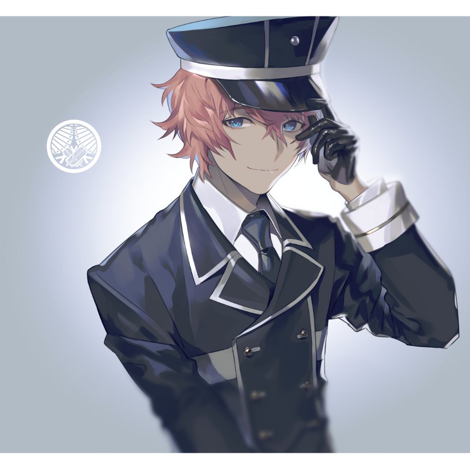 1boy akita_toushirou blue_eyes gloves hat looking_at_viewer male_focus military military_uniform necktie older pink_hair short_hair simple_background solo touken_ranbu tuke_omio uniform