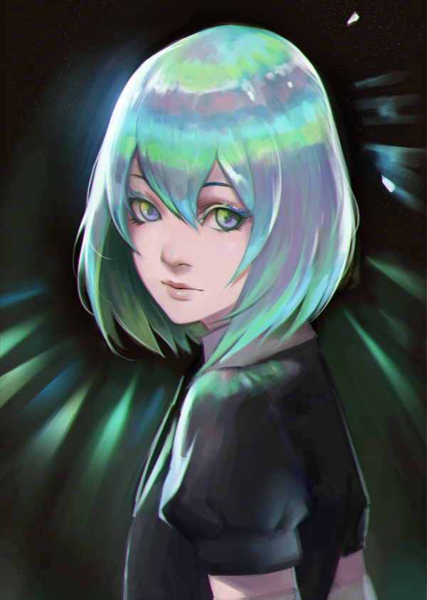 androgynous aqua_eyes aqua_hair black_neckwear black_shirt blue_hair diamond_(houseki_no_kuni) eyelashes gem_uniform_(houseki_no_kuni) gradient_hair green_hair hair_between_eyes houseki_no_kuni looking_at_viewer looking_back multicolored multicolored_eyes multicolored_hair necktie phamoz puffy_short_sleeves puffy_sleeves shirt short_hair short_sleeves silver_hair solo upper_body