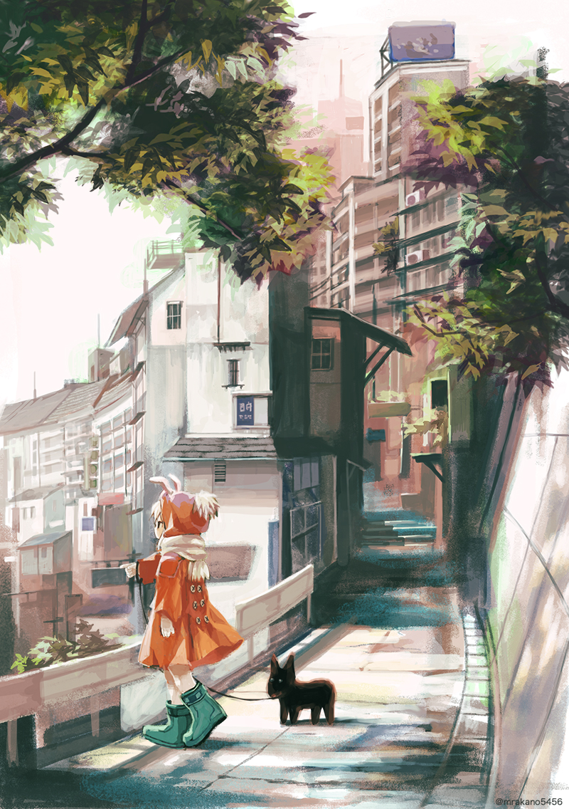 1girl animal_costume animal_ears blonde_hair boots building city day dog house kouka_(mrakano5456) leash long_sleeves looking_away original outdoors pet pointing rabbit_ears road scenery short_hair sky snow_boots solo street tree twitter_username urban white_hair winter_clothes