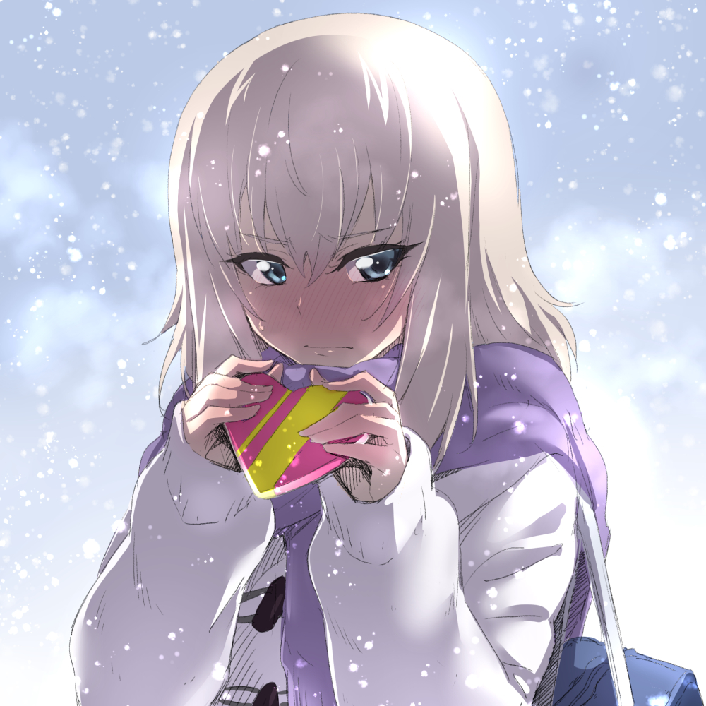 1girl bangs blue_eyes blush casual closed_mouth commentary_request eyebrows_visible_through_hair frown full-face_blush girls_und_panzer heart holding itsumi_erika long_hair long_sleeves looking_at_viewer nakahira_guy purple_scarf scarf silver_hair snow solo standing upper_body valentine white_coat winter_clothes