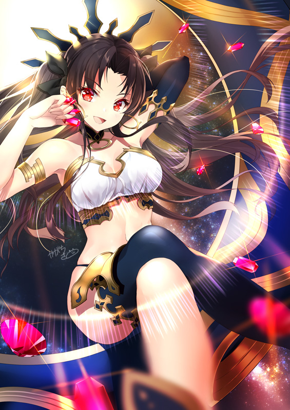 1girl :d armlet armpits arms_up bangs between_fingers bikini black_bikini_bottom black_legwear black_ribbon blurry blush breasts brown_hair cleavage collar collarbone crown depth_of_field eyebrows_visible_through_hair fate/grand_order fate_(series) gem glint hair_ribbon heavenly_boat_maanna holding ishtar_(fate/grand_order) kagachi_saku legs_crossed long_hair long_sleeves looking_at_viewer medium_breasts mismatched_bikini navel open_mouth parted_bangs ribbon signature single_detached_sleeve single_thighhigh sitting skindentation smile solo strapless strapless_bikini swimsuit thigh-highs two_side_up white_bikini_top