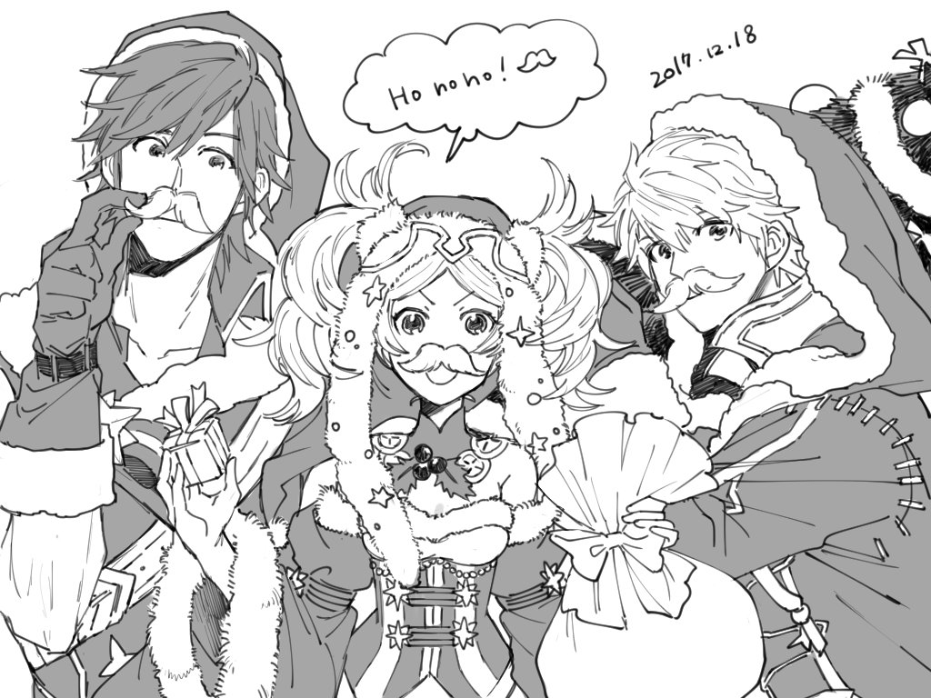 1girl 2boys bag bare_shoulders blush boots brother_and_sister christmas dress facial_hair fire_emblem fire_emblem:_kakusei fire_emblem_heroes gloves hair_ornament hood krom liz_(fire_emblem) long_hair looking_at_viewer male_my_unit_(fire_emblem:_kakusei) monochrome multiple_boys mustache my_unit_(fire_emblem:_kakusei) open_mouth short_hair short_twintails siblings smile twintails