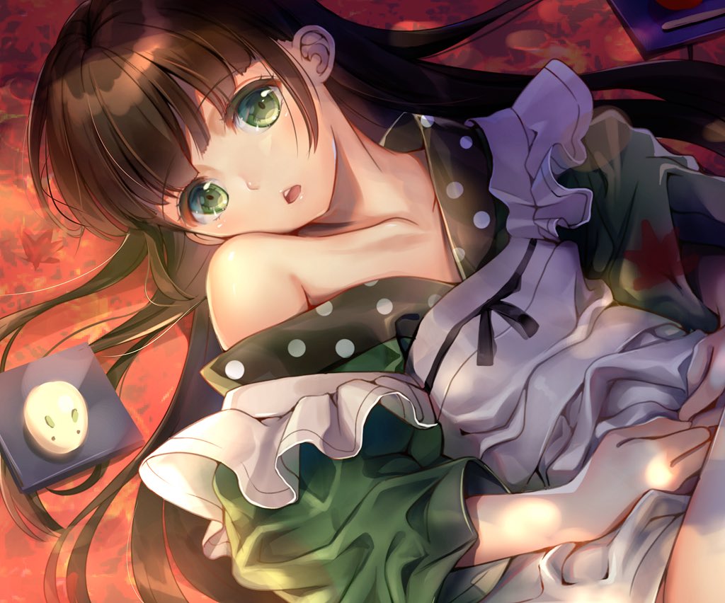 1girl ama_usa_an_uniform apron bangs bare_shoulders blunt_bangs breasts brown_hair collarbone commentary_request dutch_angle eyebrows_visible_through_hair food from_above gochuumon_wa_usagi_desu_ka? green_eyes green_kimono japanese_clothes kimono long_hair long_sleeves looking_at_viewer lying maid_apron mitsuki_ponzu mochi off_shoulder on_back open_mouth plate polka_dot_trim small_breasts solo ujimatsu_chiya upper_body wagashi white_apron wide_sleeves