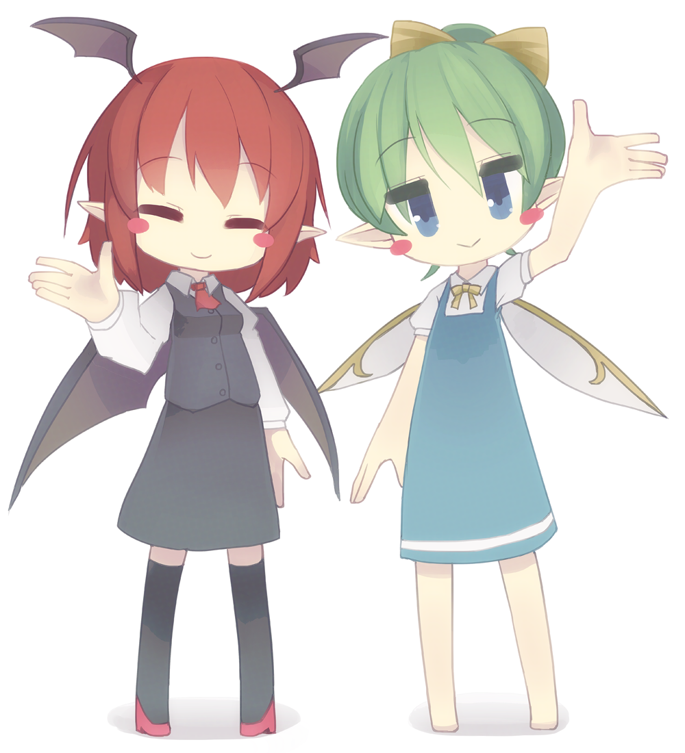 2girls :&gt; ^_^ alternate_hair_length alternate_hairstyle barefoot bat_wings blue_eyes blush_stickers bow chibi closed_eyes commentary_request daiyousei eyebrows_visible_through_hair fairy_wings full_body green_hair hair_between_eyes hair_bow head_tilt head_wings high_heels koakuma looking_at_viewer multiple_girls necktie pointy_ears red_neckwear redhead short_hair simple_background skirt skirt_set smile standing tekina_(chmr) thigh-highs touhou vest waving white_background wings zettai_ryouiki