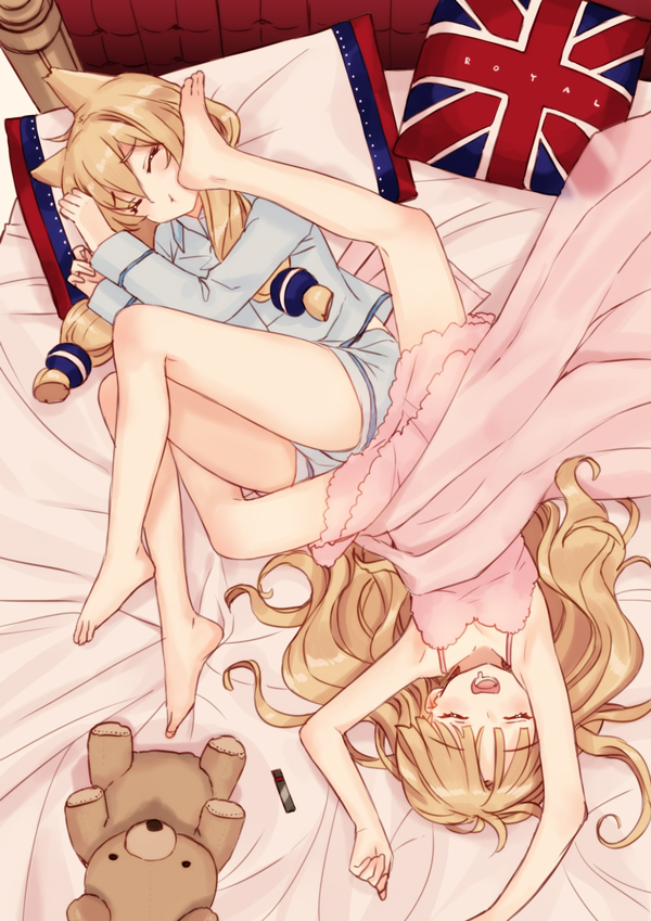 2girls :t animal_ears arms_up azur_lane barefoot bed blonde_hair blush closed_mouth cushion english eyebrows_visible_through_hair foot_on_face from_above hair_between_eyes lingerie long_hair long_sleeves lying multiple_girls negligee on_back on_bed on_side open_mouth pajamas pillow queen_elizabeth_(azur_lane) sidelocks sleeping spread_legs stuffed_animal stuffed_toy teddy_bear tsukigami_runa underwear union_jack upside-down very_long_hair warspite_(azur_lane)