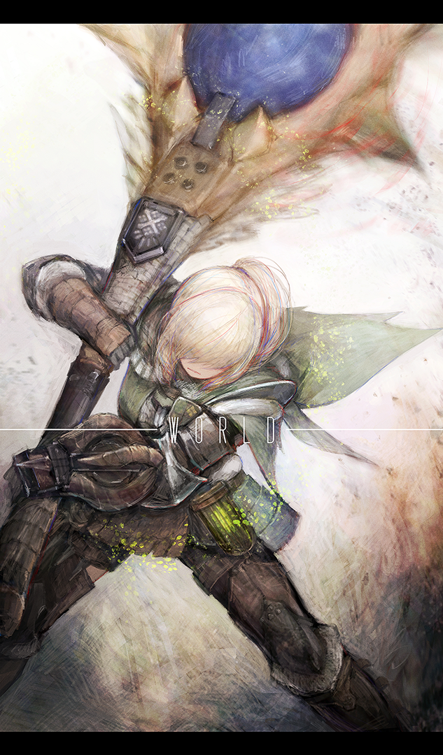 1girl armor armored_boots bangs blonde_hair boots breastplate capelet english gauntlets glowing greaves hair_over_eyes holding holding_weapon huge_weapon hunting_horn insect_cage labombardier! letterboxed long_hair monster_hunter monster_hunter:_world motion_blur pauldrons ponytail solo standing weapon