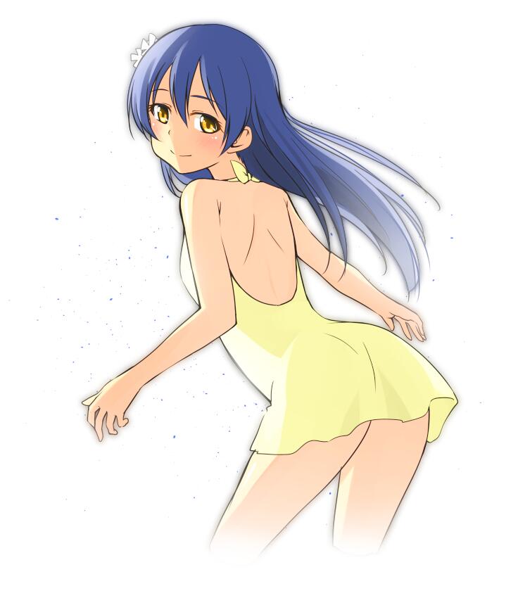 1girl bangs blue_hair closed_mouth commentary_request cowboy_shot from_behind hair_between_eyes long_hair looking_at_viewer love_live! love_live!_school_idol_project nanotsuki one-piece_swimsuit otonokizaka_school_uniform simple_background smile solo sonoda_umi swimsuit white_background yellow_eyes yellow_swimsuit