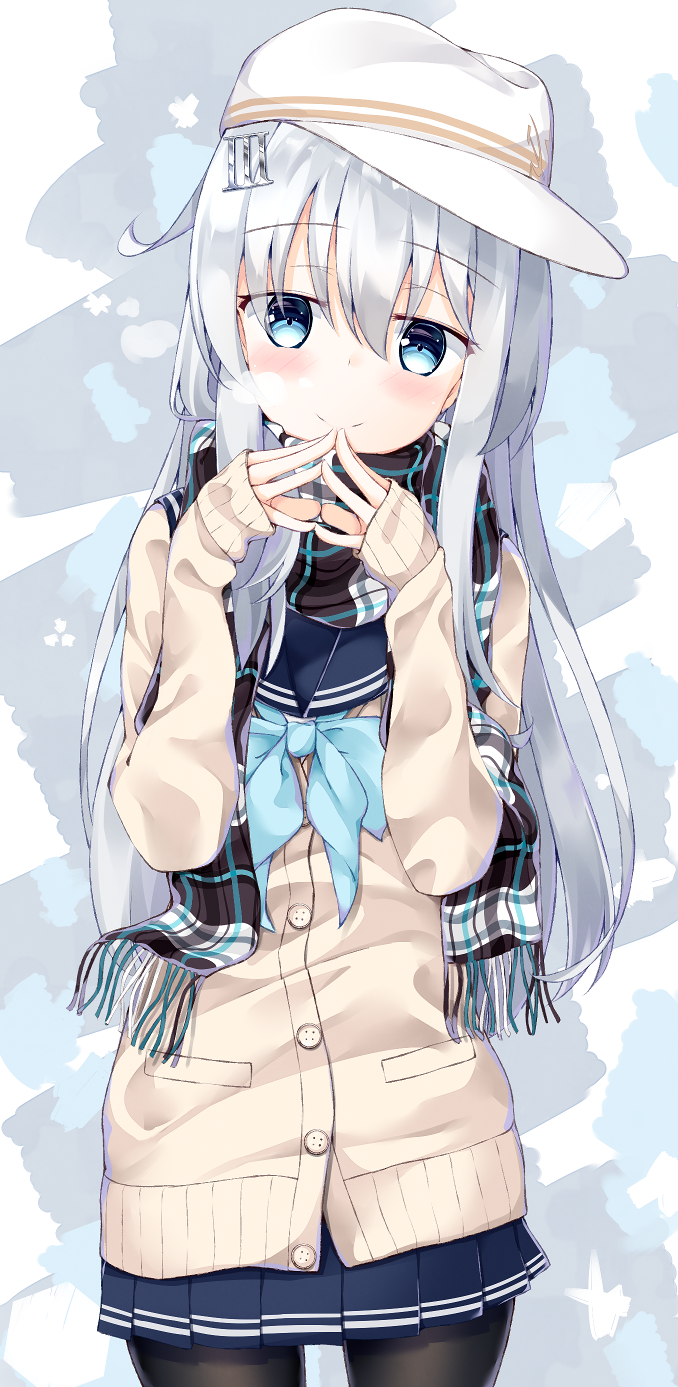 1girl bangs black_legwear blue_eyes blue_neckwear blue_sailor_collar blue_skirt blush bow bowtie breasts cardigan closed_mouth commentary_request eyebrows_visible_through_hair flat_cap fringe hair_between_eyes hammer_and_sickle hat head_tilt hibiki_(kantai_collection) highres kantai_collection long_hair long_sleeves looking_at_viewer niruanu_(nitayam) pantyhose plaid plaid_scarf pleated_skirt revision sailor_collar scarf school_uniform serafuku silver_hair skirt sleeves_past_wrists smile solo steepled_fingers verniy_(kantai_collection) very_long_hair white_hat