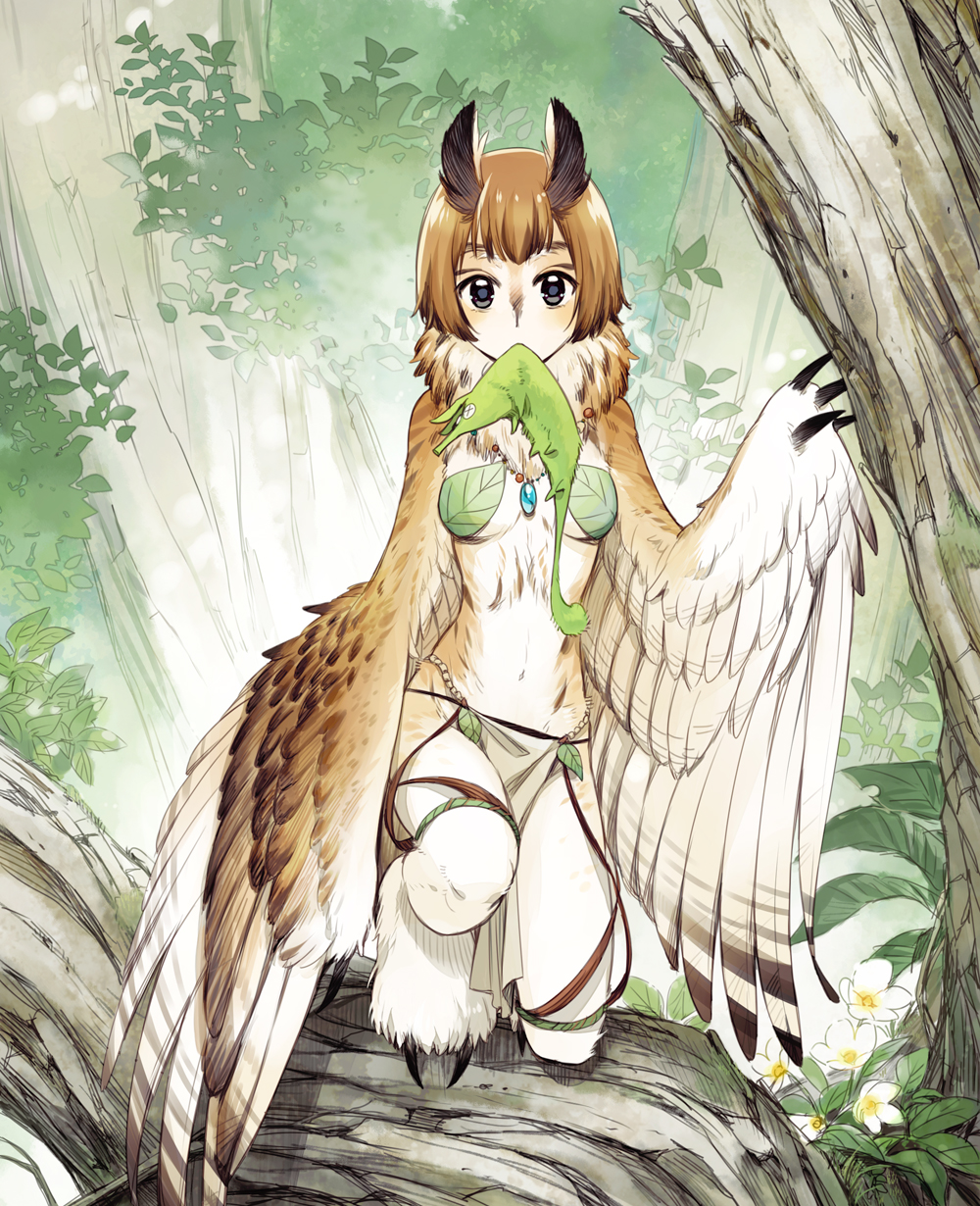 1girl black_eyes brown_hair claws commentary_request creature day feathered_wings flower forest fur_collar harpy highres jewelry leaf looking_at_viewer monster_girl mouth_hold nature necklace outdoors owl_girl pixiv_fantasia pixiv_fantasia_new_world short_hair solo tree ttk_(ehohmaki) winged_arms wings x_x