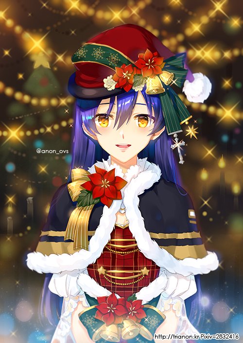1girl bangs bell blue_hair capelet christmas christmas_ornaments christmas_tree cross flower fur_trim hair_between_eyes hat long_hair looking_at_viewer love_live! love_live!_school_idol_festival love_live!_school_idol_project open_mouth plaid santa_hat smile solo sonoda_umi striped trianon twitter_username yellow_eyes