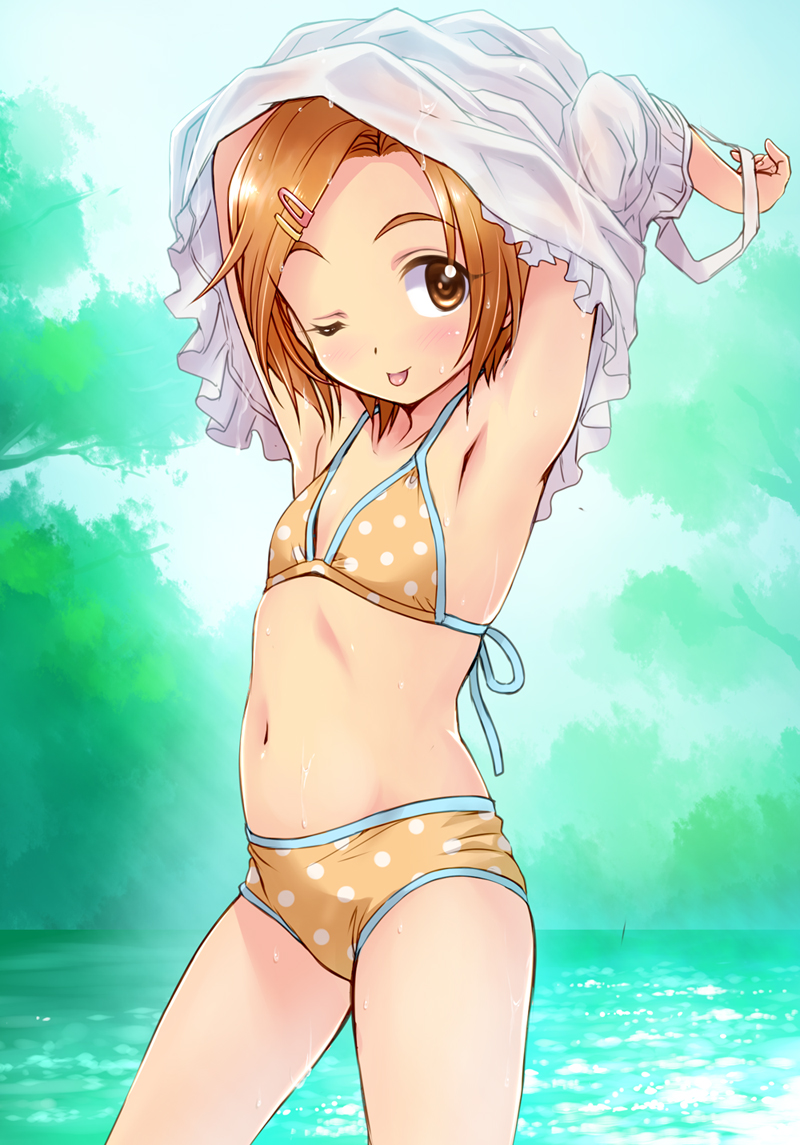 1girl ;p armpits arms_up backlighting bikini blue_sky blush cowboy_shot day dress flat_chest hair_ornament hairclip idolmaster idolmaster_cinderella_girls lake legs_apart looking_at_viewer mercy_rabbit navel one_eye_closed orange_bikini orange_eyes orange_hair outdoors polka_dot polka_dot_bikini ryuuzaki_kaoru short_hair sky sleeveless sleeveless_dress solo standing stomach sundress swimsuit tareme thighs tongue tongue_out undressing water water_drop wet wet_clothes wet_dress white_dress