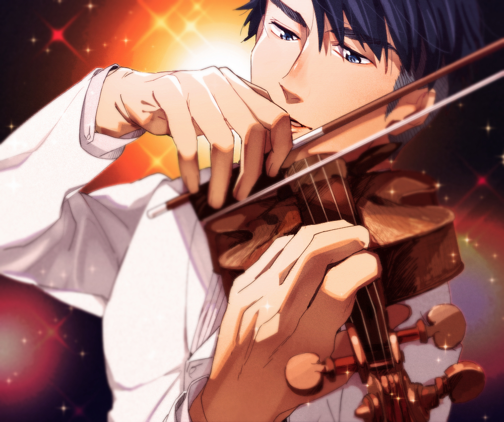 1boy black_hair blue_eyes con_potata formal instrument jean-jacques_leroy male_focus music playing_instrument sparkle suit violin violin_bow white_suit yuri!!!_on_ice