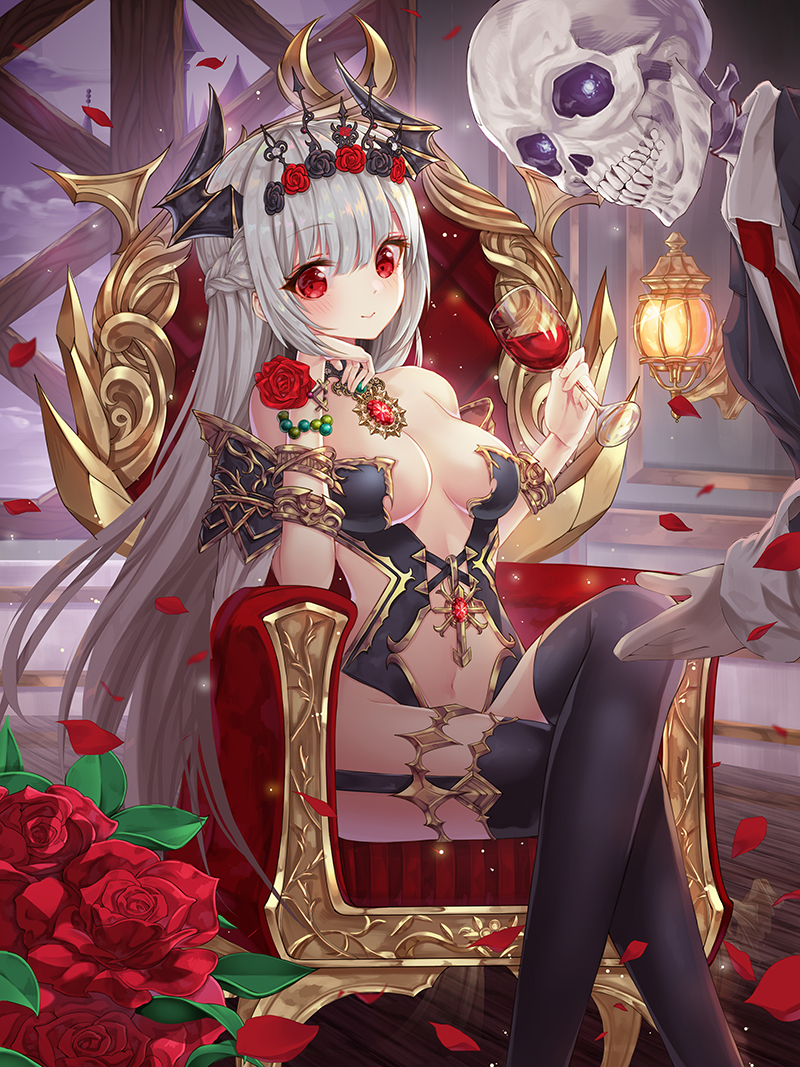 1girl absurdly_long_hair alcohol bare_shoulders black_legwear blush breasts cleavage closed_mouth collarbone cup demon_girl drinking_glass eyebrows_visible_through_hair fantasy flower grey_hair horns lantern large_breasts long_hair looking_at_viewer mellozzo navel original red_eyes rose sitting skull smile solo thigh-highs throne very_long_hair wine wine_glass