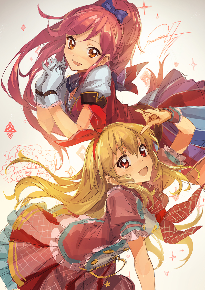 2girls aikatsu! blonde_hair bow brown_eyes frilled_skirt frills gloves hair_bow hair_ornament hair_ribbon hairband hoshimiya_ichigo idol lm7_(op-center) long_hair looking_at_viewer multiple_girls open_mouth otoshiro_seira ponytail red_eyes redhead ribbon signature sketch skirt smile sparkle star_(sky)