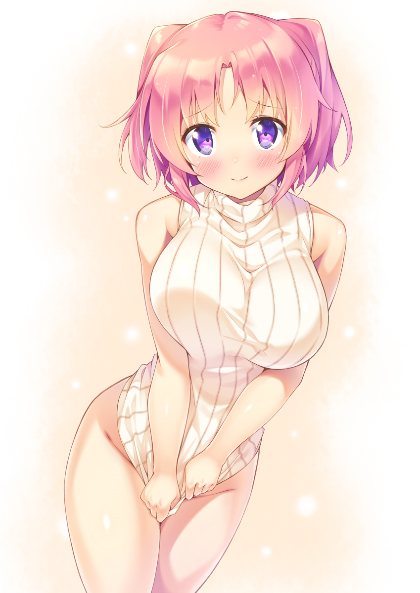 1girl bare_shoulders blush breasts closed_mouth commentary_request covering covering_crotch eyebrows_visible_through_hair groin highres ichi_makoto large_breasts legs_together looking_at_viewer mikakunin_de_shinkoukei naked_sweater pink_hair ribbed_sweater simple_background sleeveless smile solo standing sweater turtleneck turtleneck_sweater two_side_up violet_eyes white_sweater yonomori_kobeni